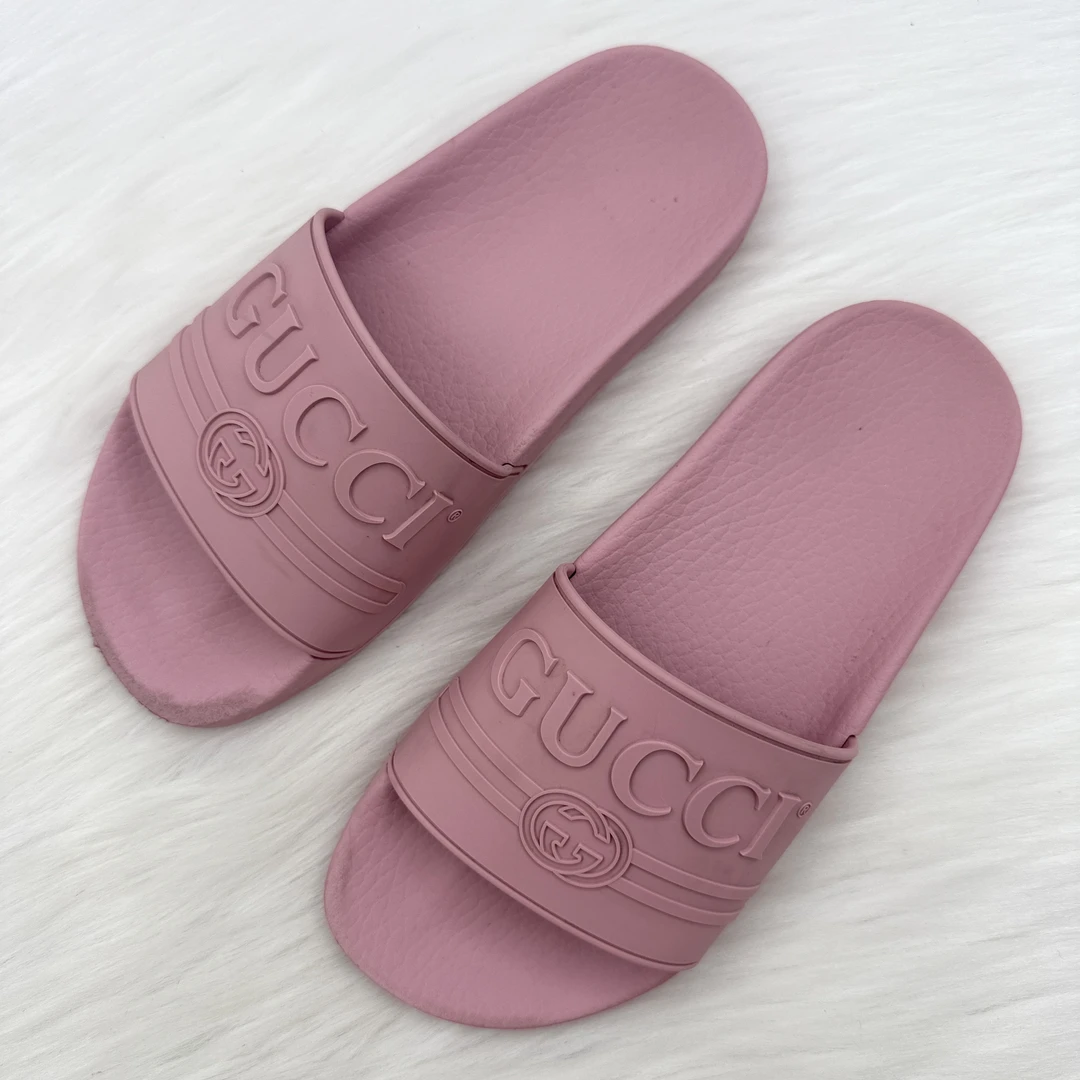 90新 GUCCI/古驰 肉桂粉立体logo平底拖鞋 36码 公价5k c0870