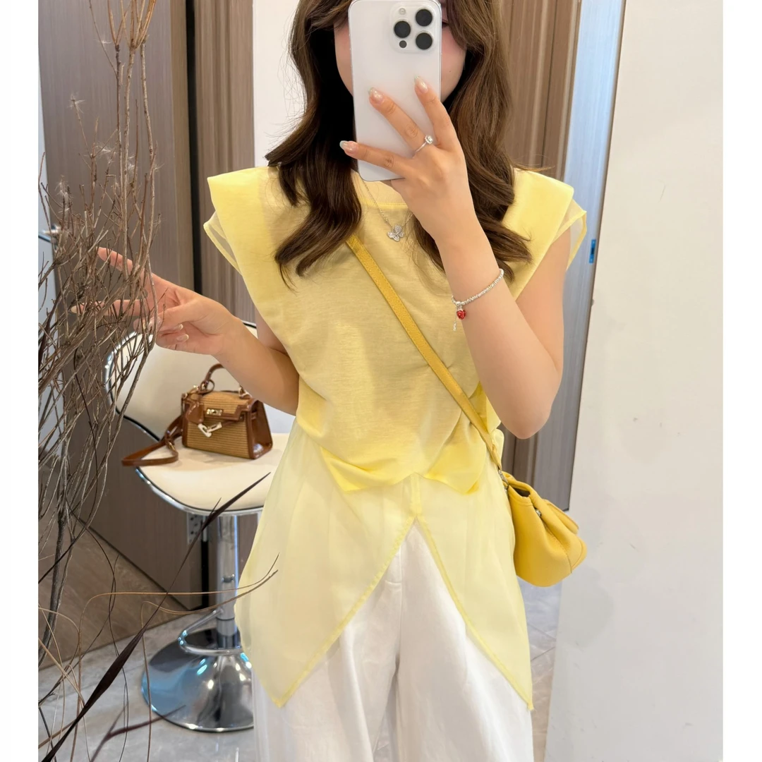 【小黄油拿铁】无袖薄款拼接蕾丝衬衫  H0226