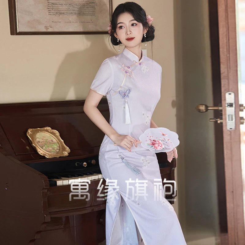 旗袍2025新款淡紫色优雅气质中式连衣裙清新日常可穿中长款复古夏
