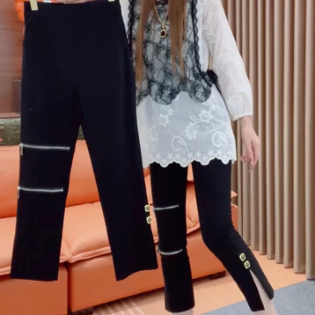 新款双拉链松紧腰2个扣打底裤