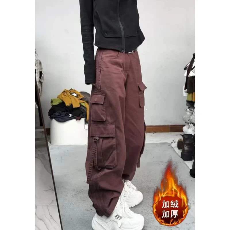 2025冬季加绒显瘦百搭设计感休闲工装裤女复古阔腿弯刀裤
