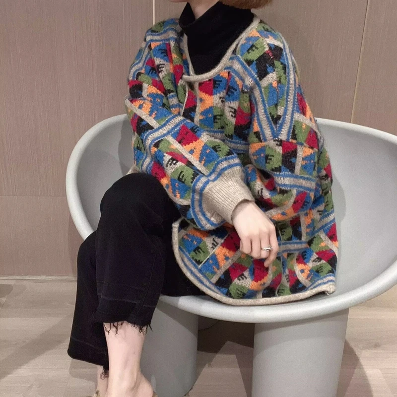 秋冬季新款韩版圆领复古花色毛衣外套宽松洋气时尚大口袋针织开衫