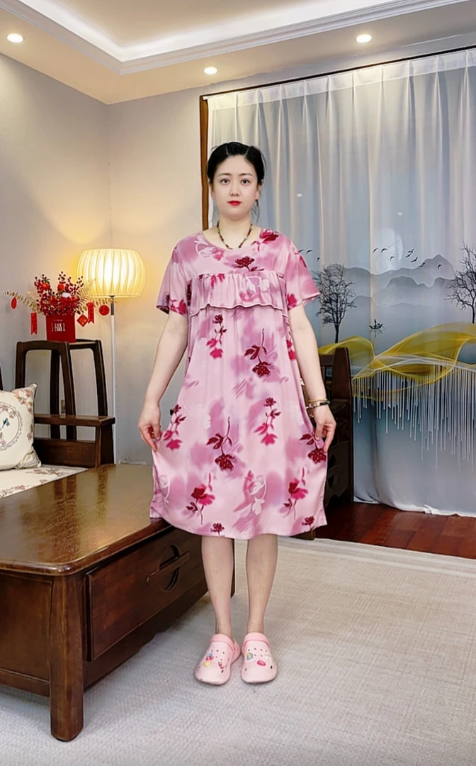 大码夏季新款棉绸碎花睡裙荷叶边宽松居家棉绸睡裙休闲中长款