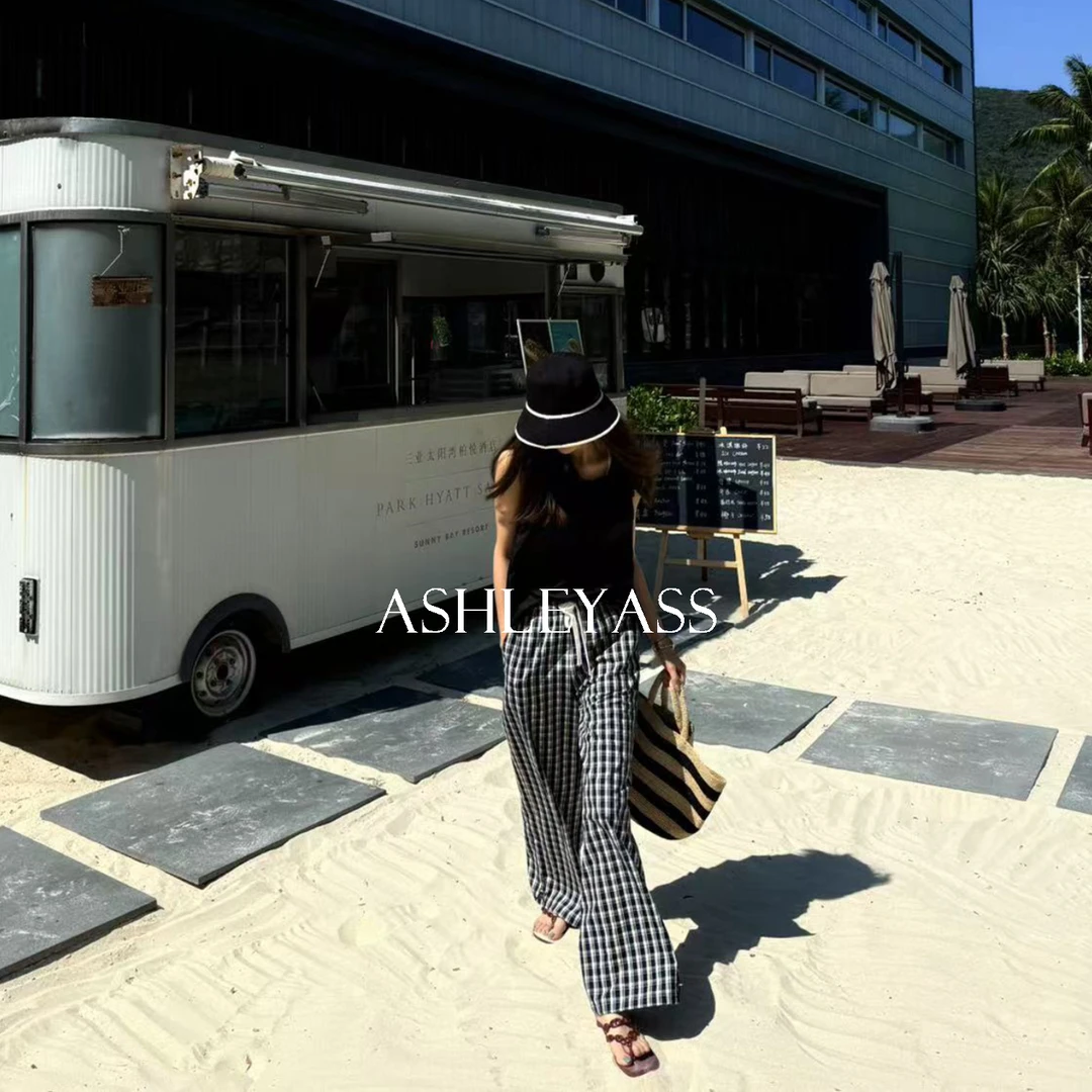 【ASHLEYASS】“南塔”撞色腰设计宽松阔腿松弛感格子裤LSK250138R