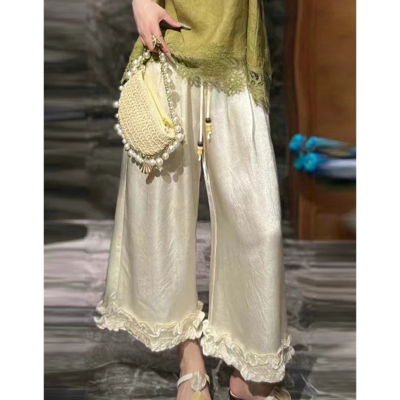 欧洲站2025夏季新款抽绳收腰拼接木耳边下摆直筒防醋酸阔腿裤潮