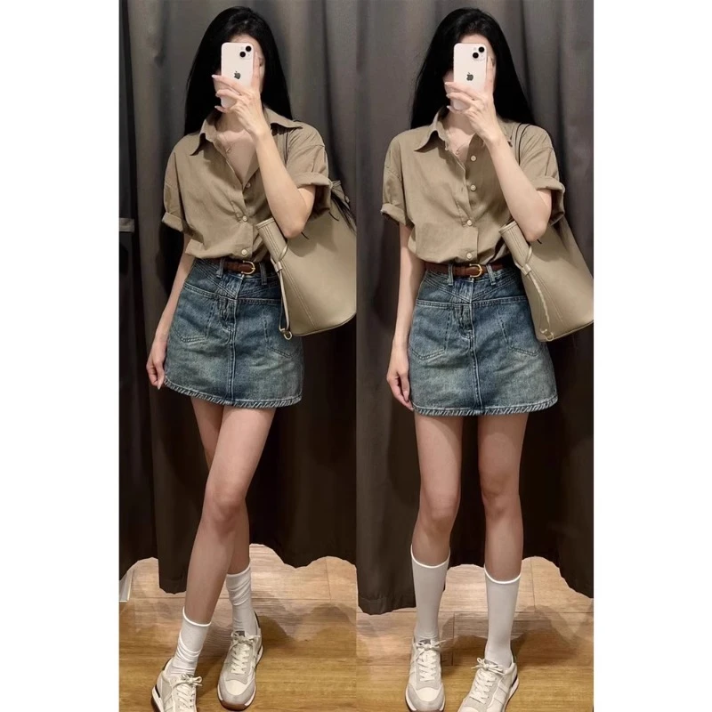复古a字牛仔短裙女夏季薄款大码胖mm遮肚显瘦高腰包臀半身裙子潮