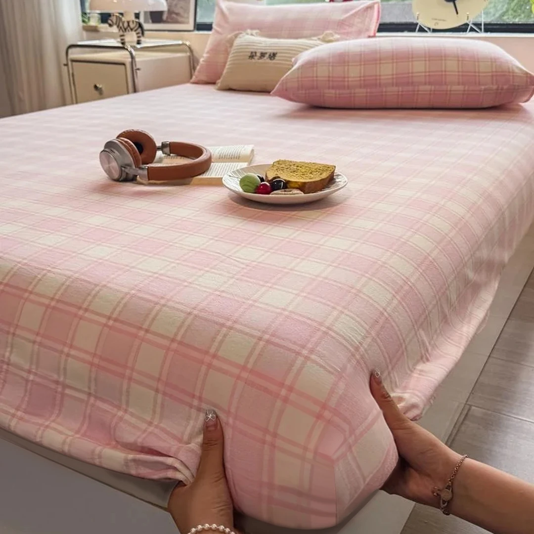 A类母婴级简约格子床笠床单单件纯棉100%全棉2025新款床垫保护罩