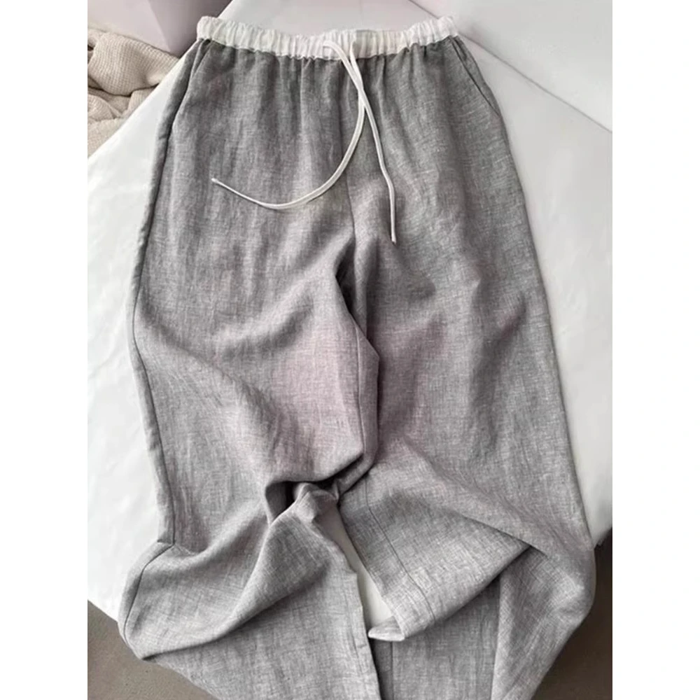 日系复古灰色阔腿裤女2025夏季新款宽松撞色松紧高腰直筒休闲裤子