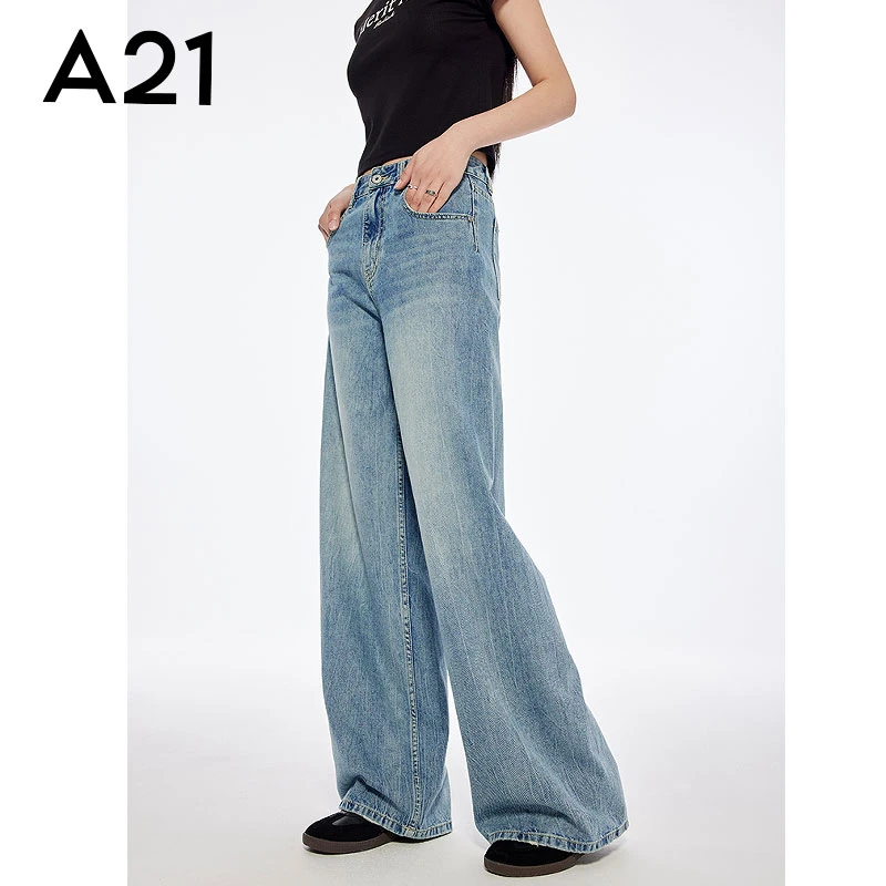 A21女装夏季女士新款高腰牛仔裤阔腿慵懒风轻薄款浅色蓝牛仔裤子