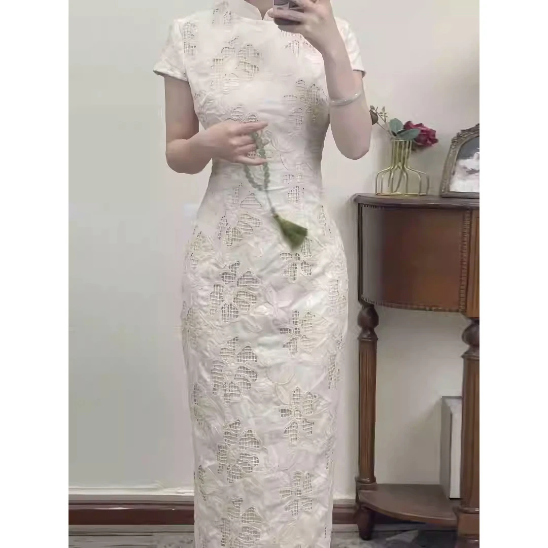 【闭月】新中式改良旗袍女2025夏温柔蕾丝杏色百搭国风连衣裙新款