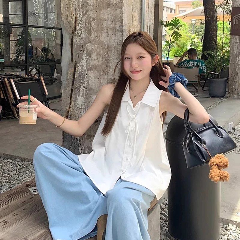 韩系白色气质无袖背心衬衫女装夏季设计感小众绝美衬衣娃娃衫上衣