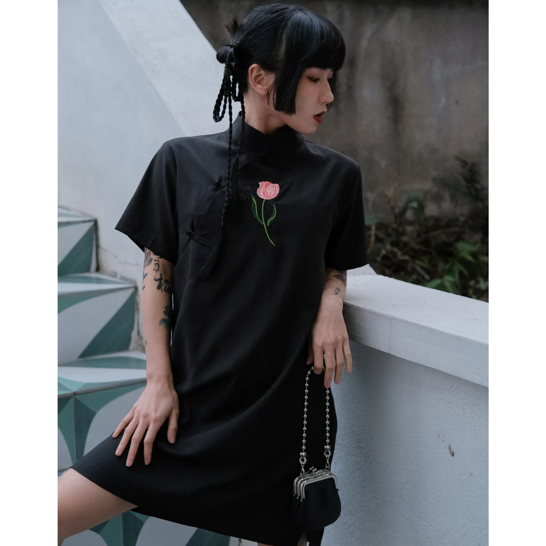 阿美商店 新中式改良旗袍裙复古暗黑少女连衣裙日常国风小黑裙子