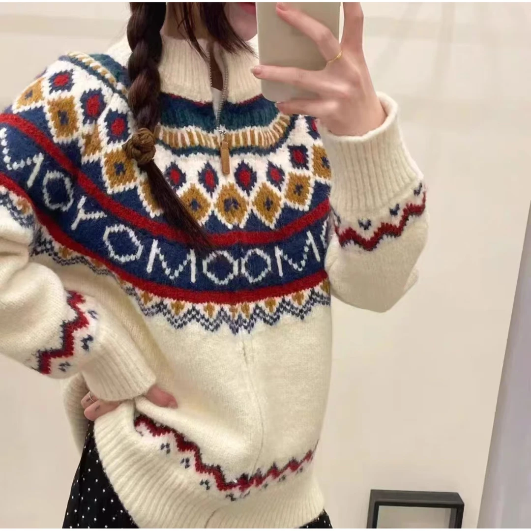 毛衣女北欧费尔岛高领加厚复古慵懒风针织开衫外百搭毛衣-MZ012