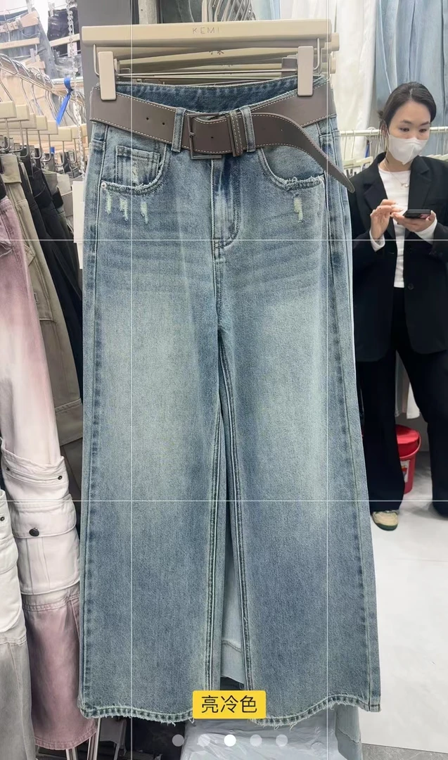 1233无弹复古做旧韩版直筒牛仔裤拖地裤