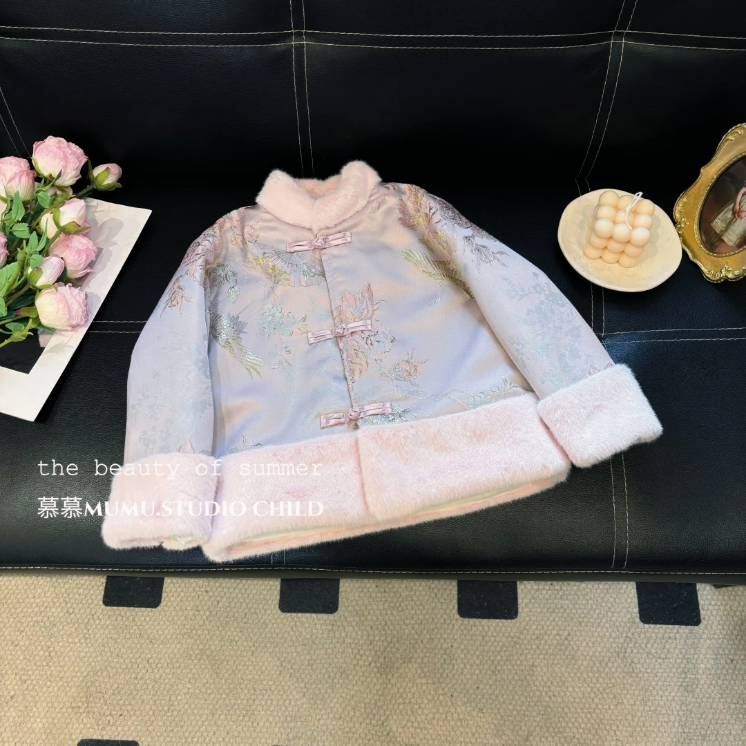 2023加绒加厚女童外套冬季新款百搭中国风加厚女宝宝拼接毛毛上衣