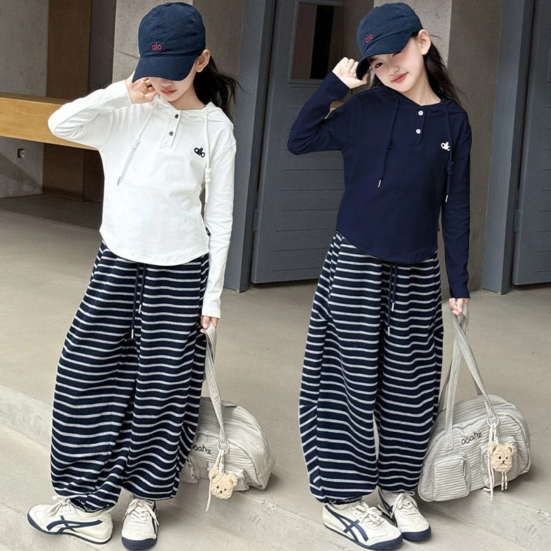 洋气两件套秋季连帽套装新款韩版中大童休闲条纹阔腿裤女童