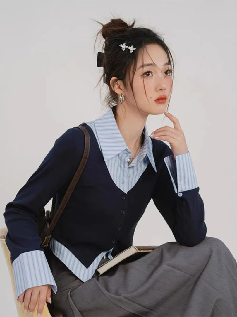 假两件不规则条纹春日衬衫2025春过款链接