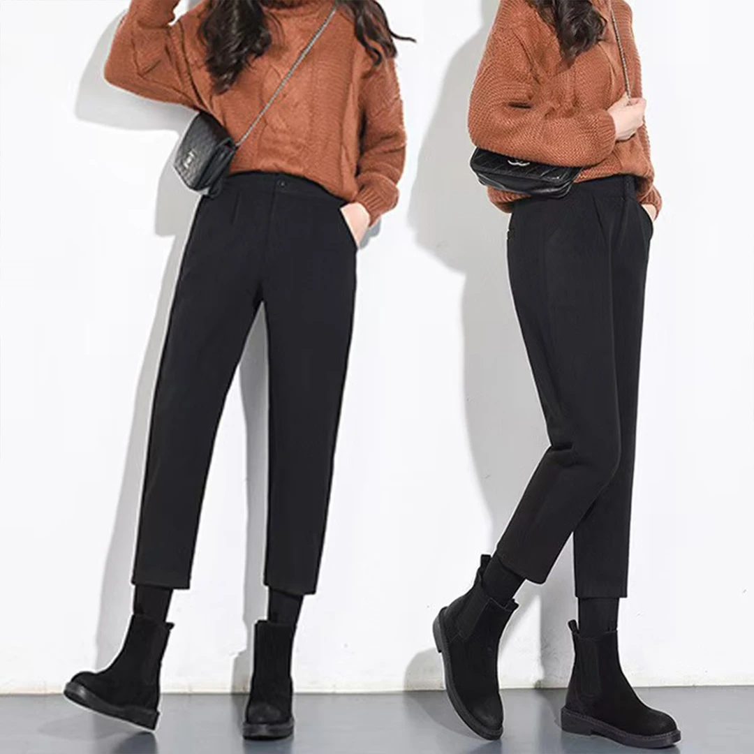 深灰色毛呢加绒哈伦裤女秋冬新款休闲风小个子显高七八九分烟管裤