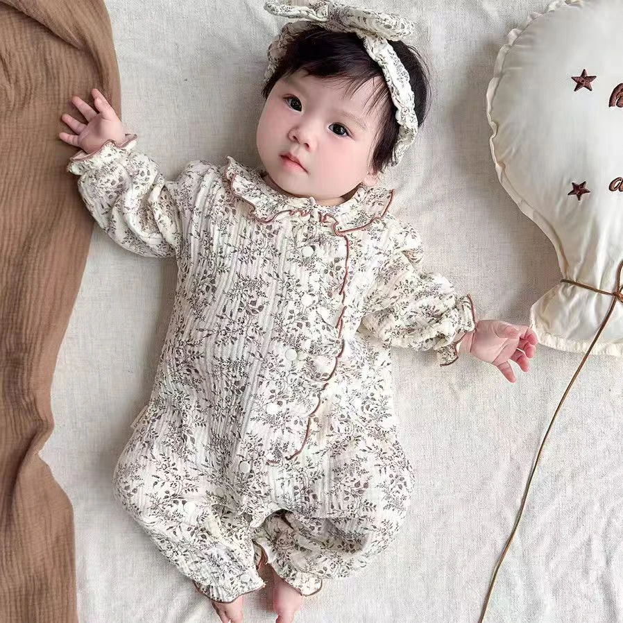 婴儿新生儿连体衣春秋款衣服长袖碎花哈衣新生幼儿女宝宝爬服哈衣
