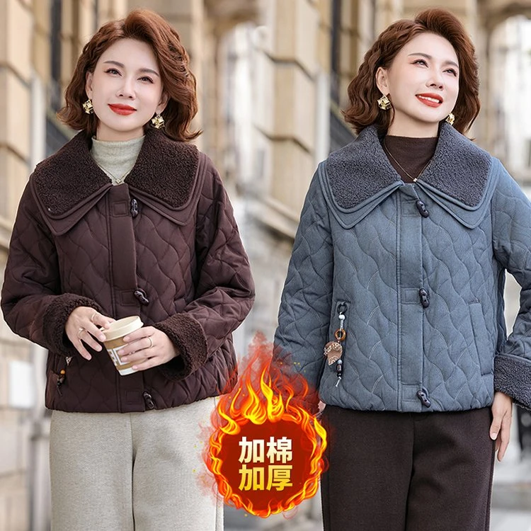 妈妈秋冬装夹棉外套洋气2025新款中老年女阔太太加绒加厚短款棉服