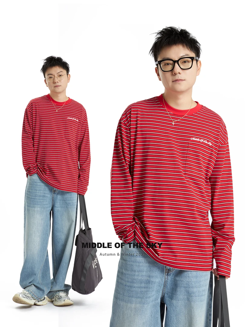 MIDDLE OF THE SKY秋冬简约潮流宽松百搭基础条纹印花长袖圆领T恤
