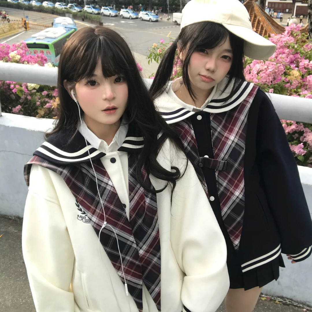 东京岁时记jk秋冬藏青色海军领棒球服大衣女小个子学院风短款外套