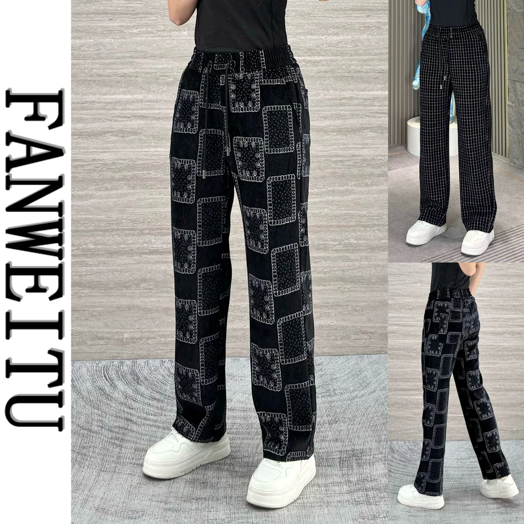 2025秋季男士新款高端雪尼尔黑色提花直筒休闲裤时尚百搭亲肤长裤