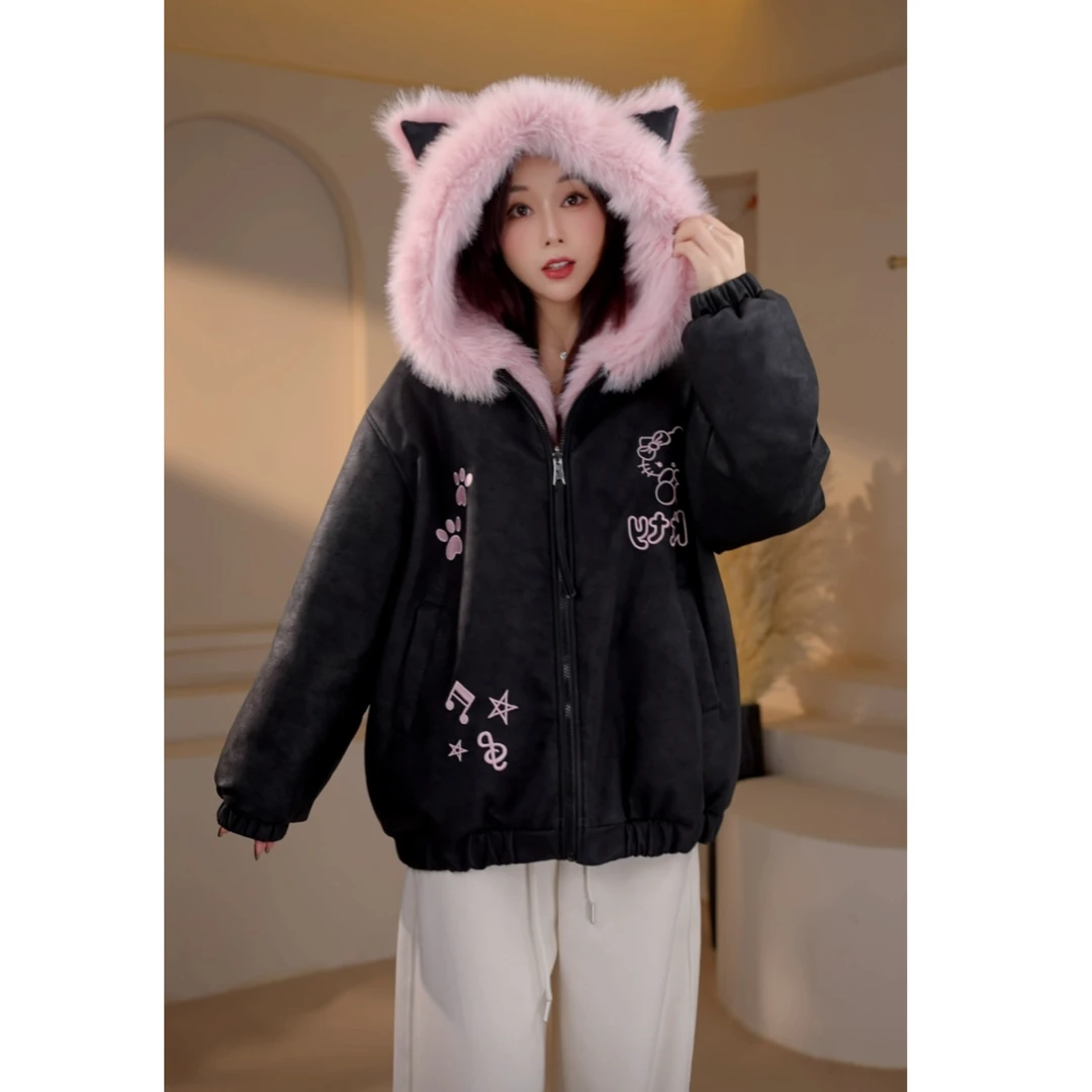 女装连帽冬季kitty小香风皮衣一体毛毛外套