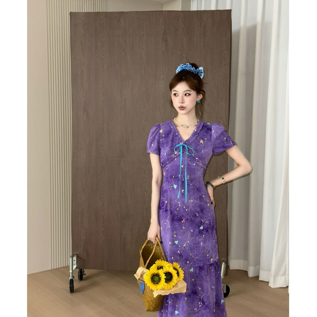 美静在这【刺绣】扎染天丝连衣裙女夏季茶歇V领碎花长裙女XMZH7205