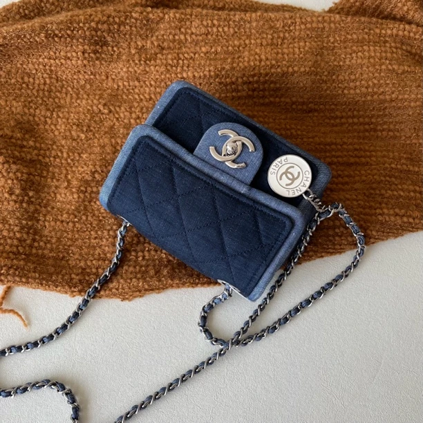 95新 Chanel/香奈儿 徽章深浅蓝拼色牛仔方胖子单肩斜挎包 5915