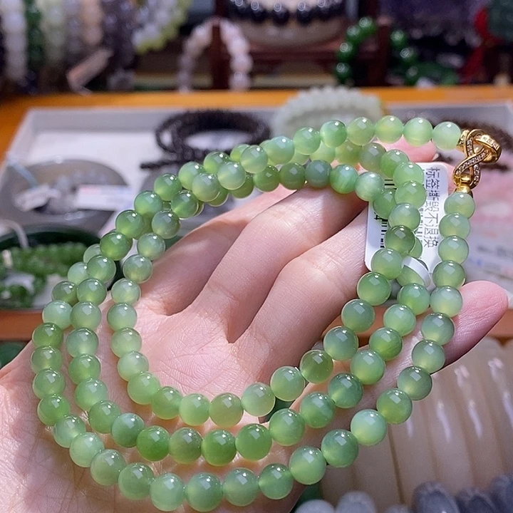 和田玉未镶嵌颈饰碧玉银镶猫眼项链6MM