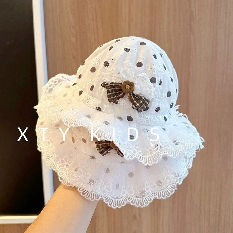 可爱波点宝宝帽子春夏款公主蝴蝶结花边透气女童渔夫帽婴儿遮阳帽