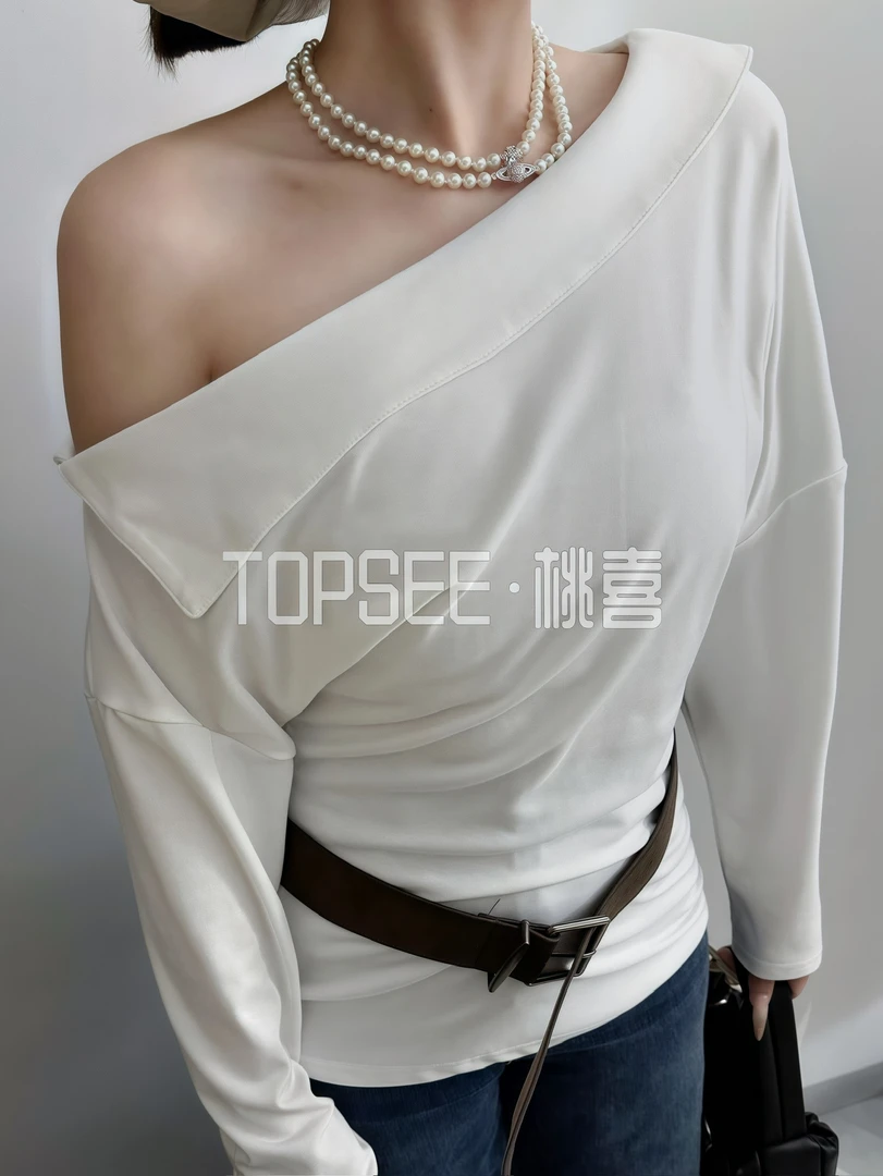 TOPSEE·桃喜-2025秋季新款斜肩不规则长袖气质百搭显瘦