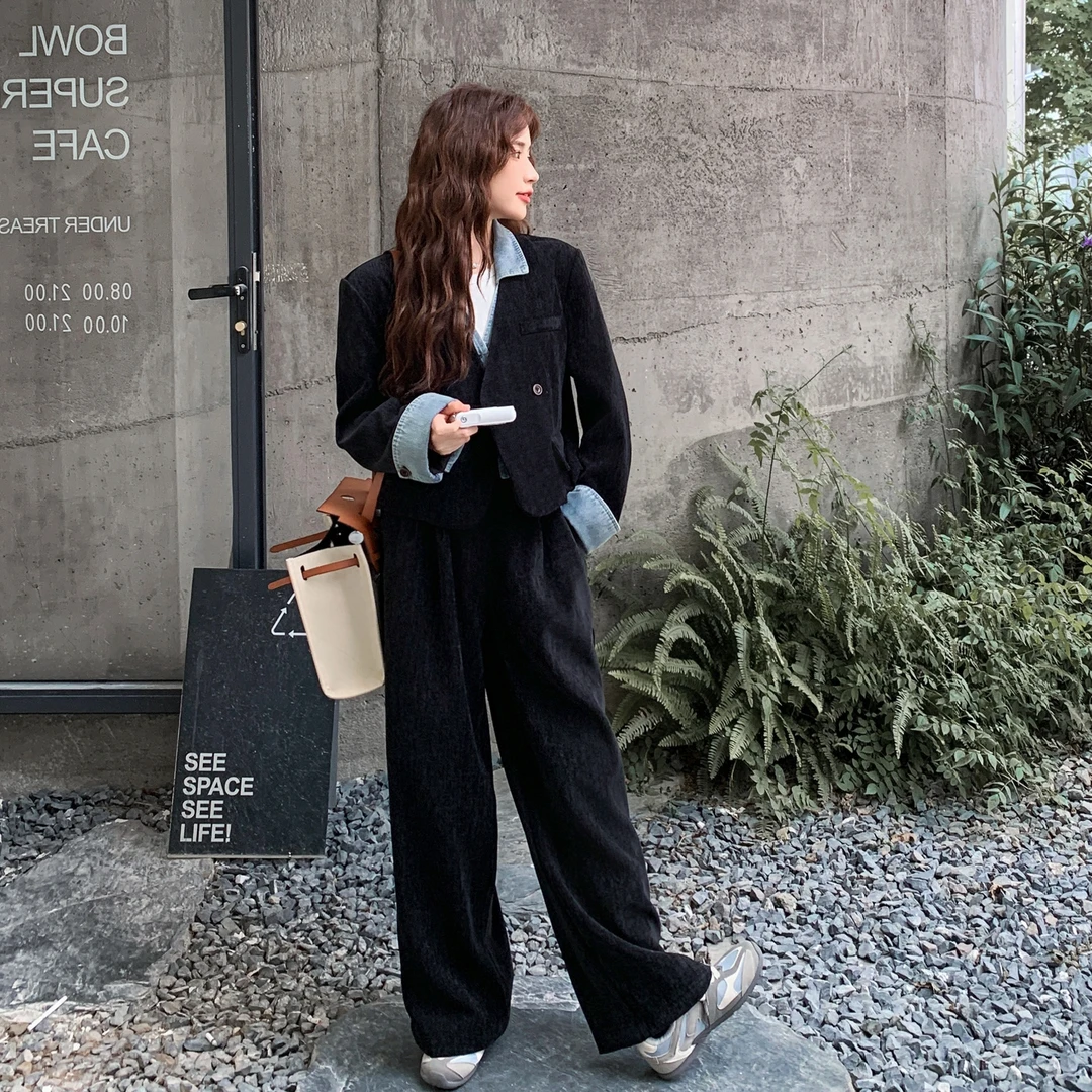 韩系高级感西装时尚套装女春秋季设计感撞色拼接外套阔腿裤两件套