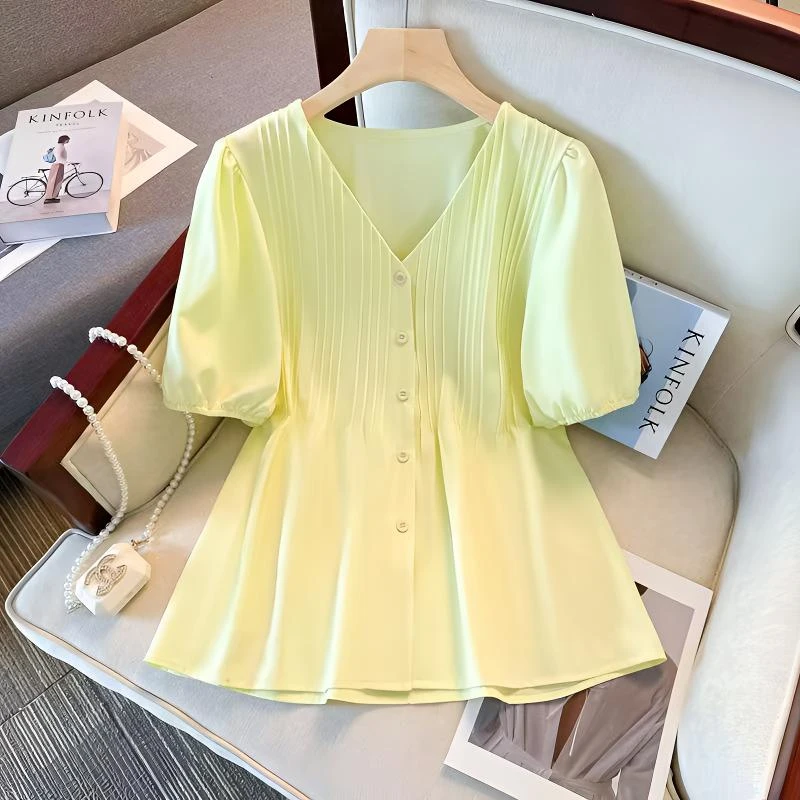 大码胖mm法式别致温柔风褶皱泡泡袖衬衫女夏季设计感V领短袖上衣