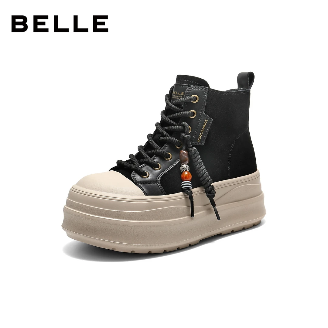 百丽时尚加绒高帮休闲鞋女2025冬新厚底增高百搭休闲板鞋B3011DD5