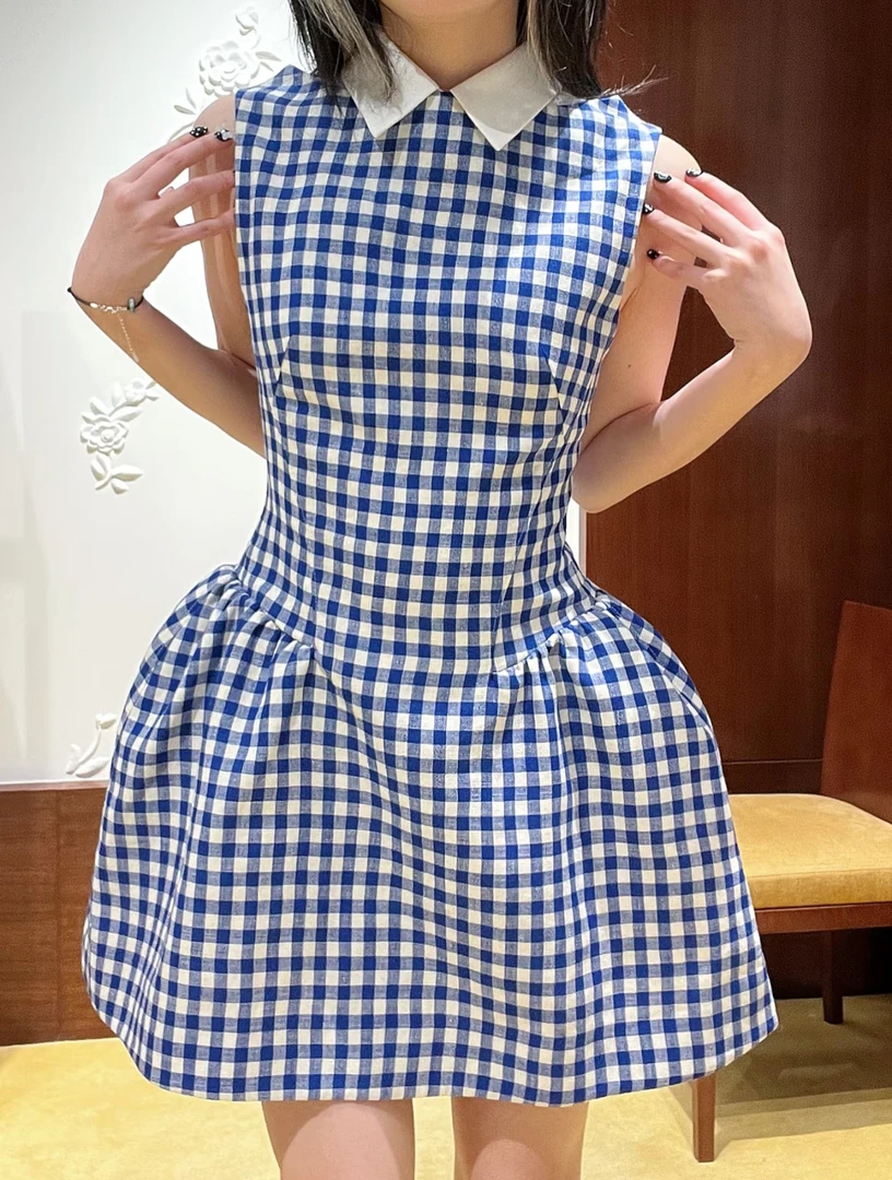 【11 Studio】sst宅女同款蓝格纹连衣裙