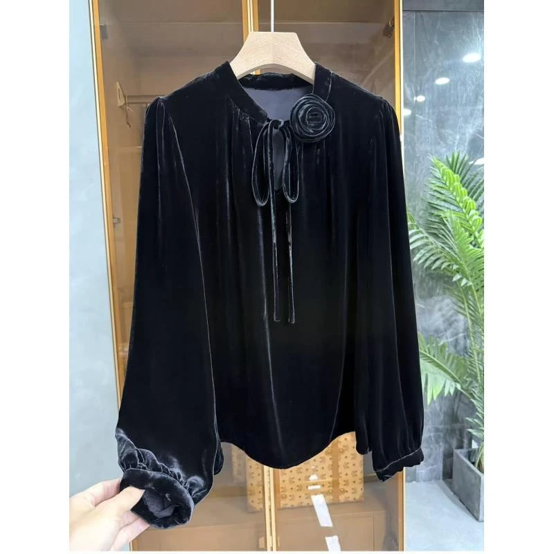 100桑蚕丝真丝丝绒洋气手工盘花女士时尚长袖秋冬黑色秋季气质