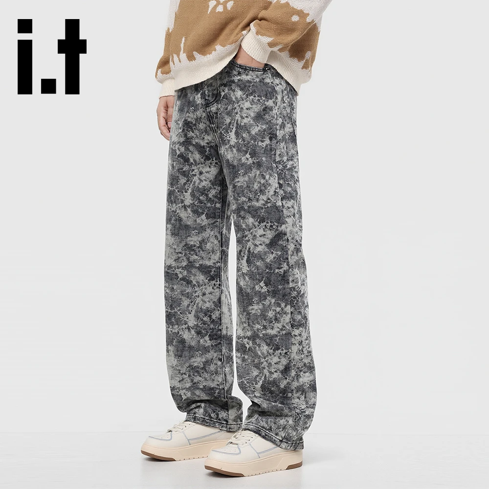 it:CHOCOOLATE美式复古迷彩牛仔裤男士秋冬新款百搭阔腿直筒长裤