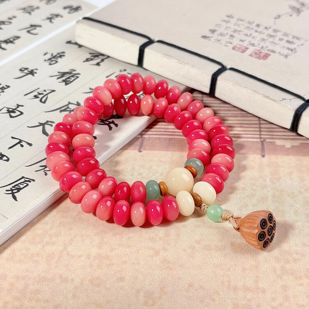 合成金属手链 胭脂红菩提根手串双圈算盘珠文玩菩提子佛珠女款盘