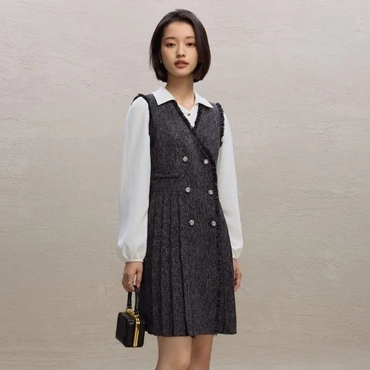 自巧小个子女装穿搭气质复古收腰时尚设计感职场连衣裙 23ZQ94405