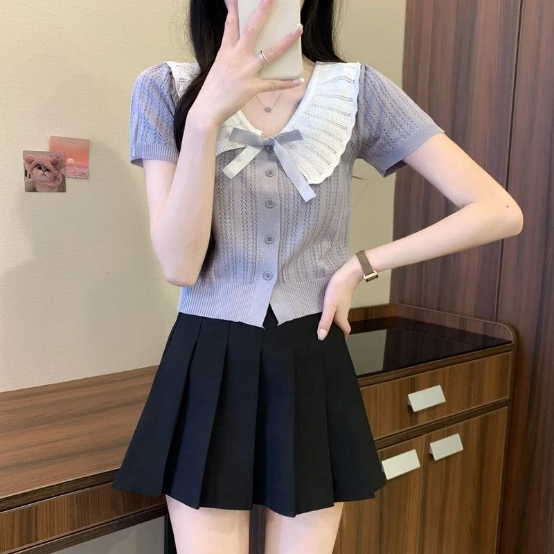 甜美百搭结撞色娃娃开衫针织衫女装夏季小个子洋气短款上衣