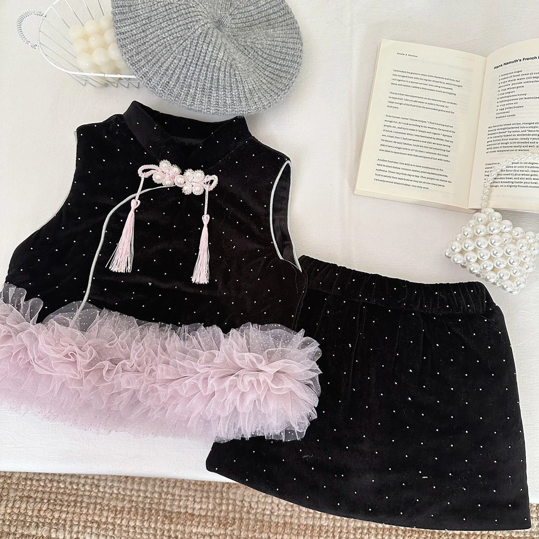 新款2024冬季女童旗袍套装爆款新中式夹棉丝绒古风上衣旗袍两件套