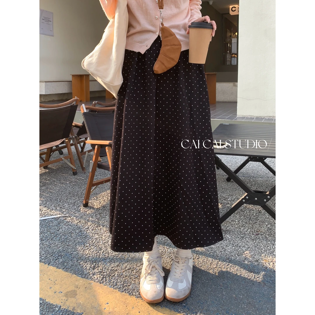 【C·Cai】韩版波点半身裙6040#高腰a字显瘦复古中长裙