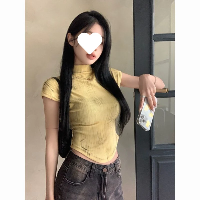 黄色扎染短袖T恤女夏季修身半高领打底衫内搭甜辣妹紧身短款上衣