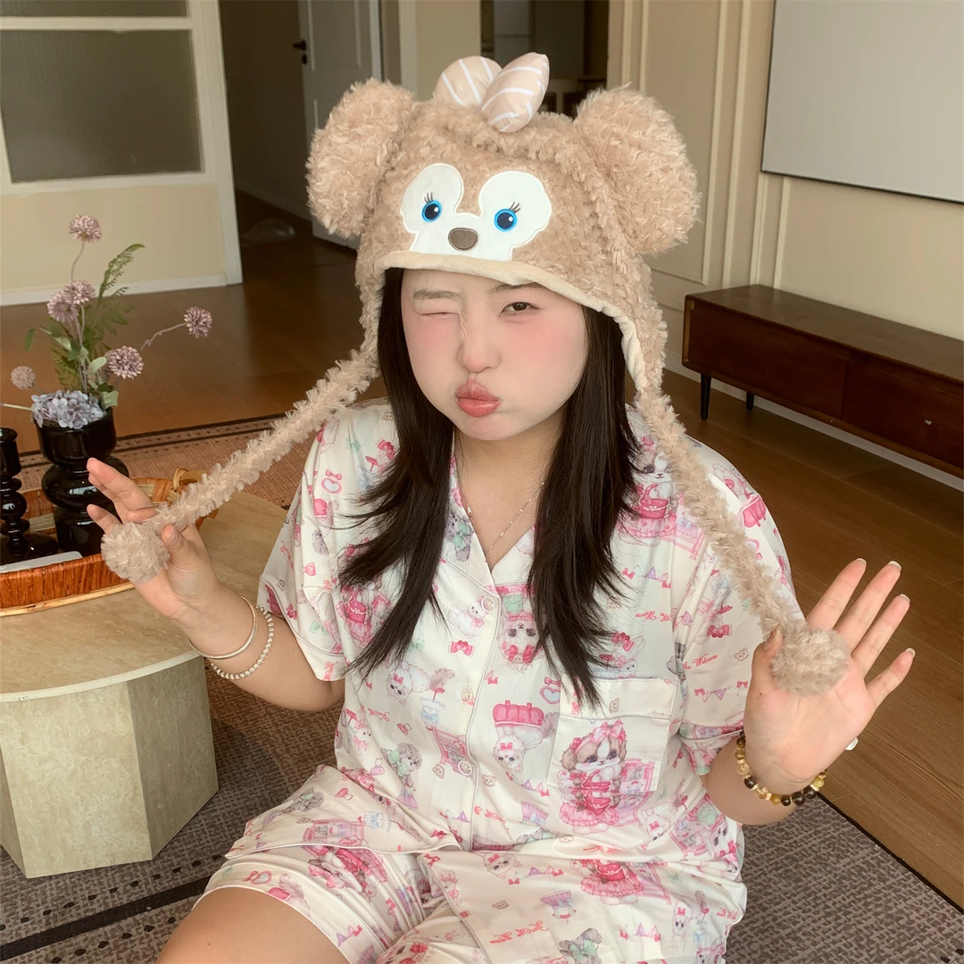 大码胖MM200斤夏季冰雪丝睡衣短袖短裤可爱猫咪凉感卡通少女