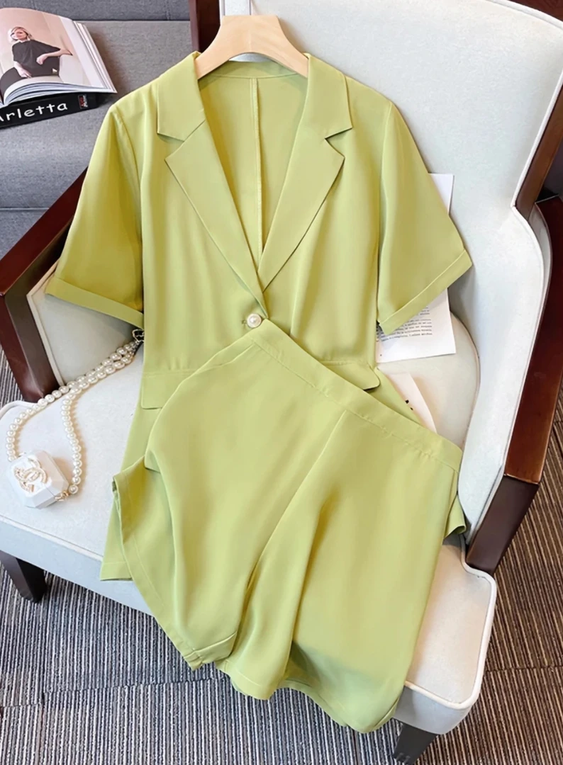 1093（22）大码微胖女装夏季短袖西装领短裤两件套装