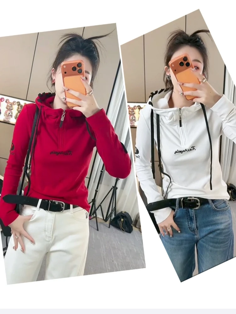 欧货刺绣连帽打底T恤衫外穿设计感显瘦修身套头百搭气质洋气套头