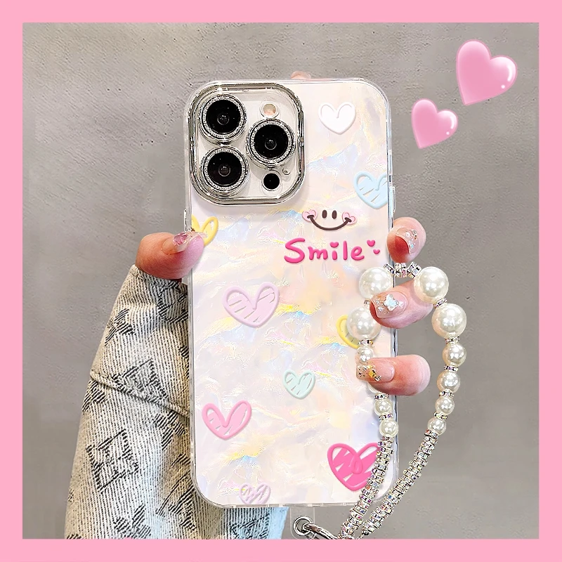适用苹果16ProMax手机壳新女款iPhone15线条爱心14pro手链贝壳纹