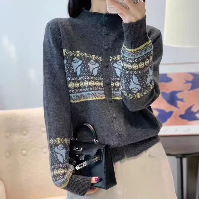 【立领包扣】复古费尔岛提花半高领纽扣针织衫新款长袖宽松百搭毛衣